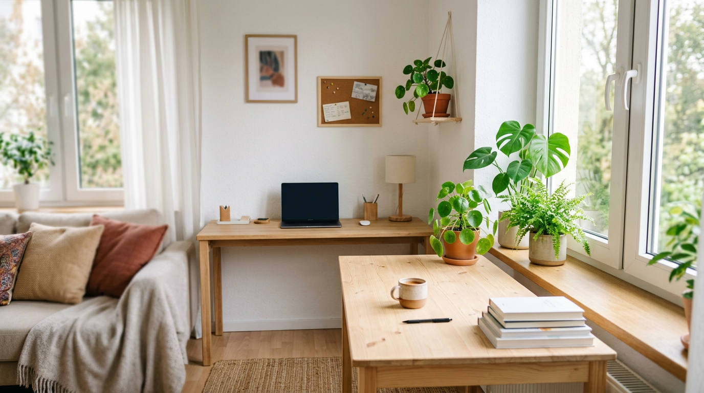 Generated image of a bright study corner with a laptop on a wooden desk and plants by the window