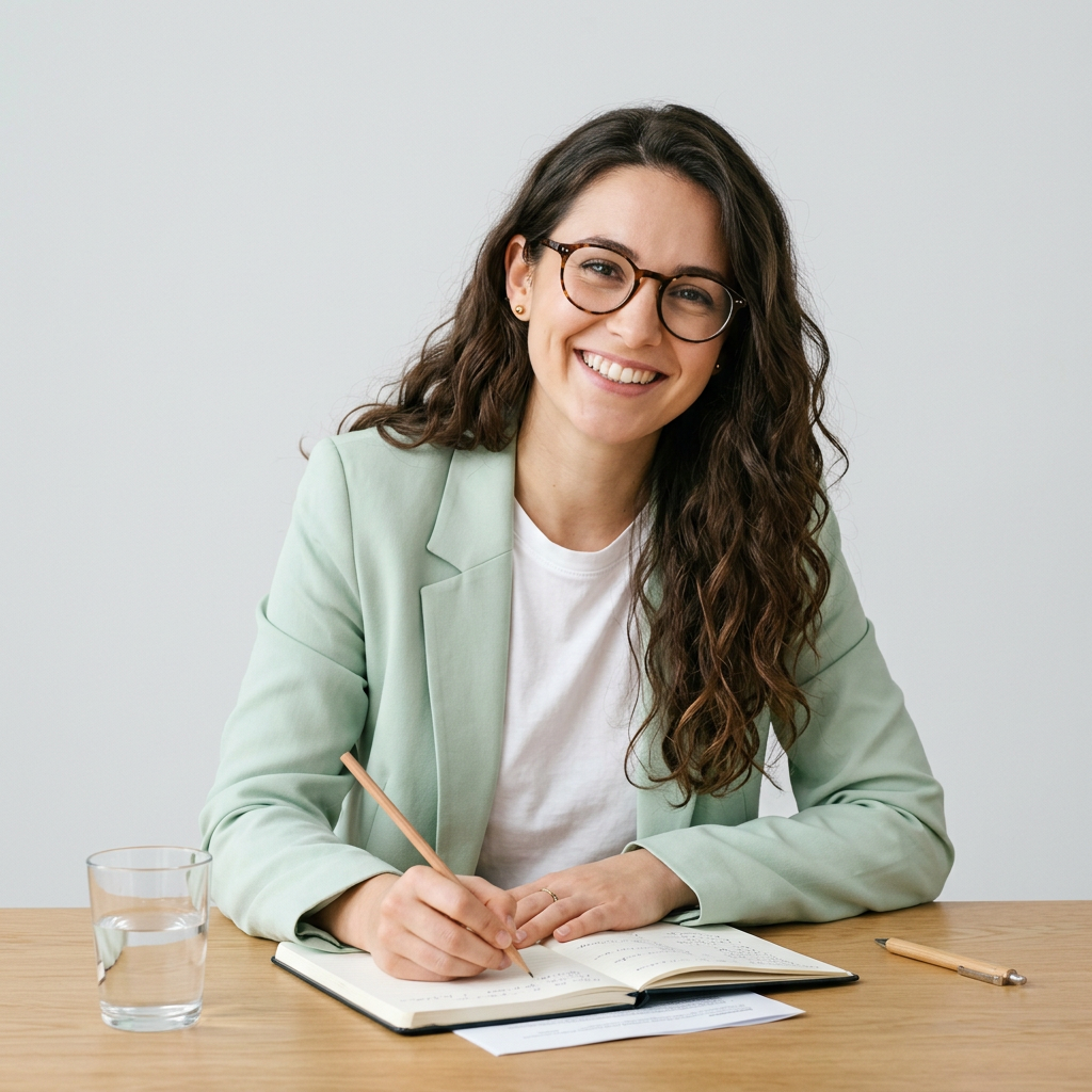 Generated image of a smiling student with glasses taking notes at a desk